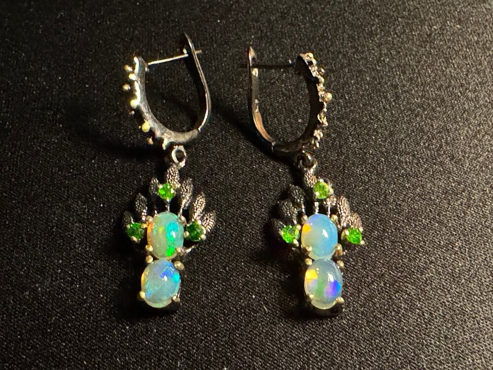 925 Silver Rhodium Oxidized Ethiopian Opal & Emerald Earrings
